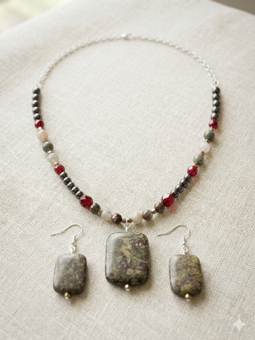 Handmade Dragon Blood Beaded Stone Necklace & Earring Set
